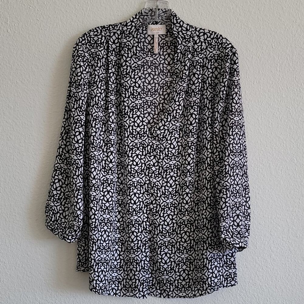 LAUNDRY BY SHELLI SEGAL Tunic Blouse Long Sleeve Flowy Size Large Black & White